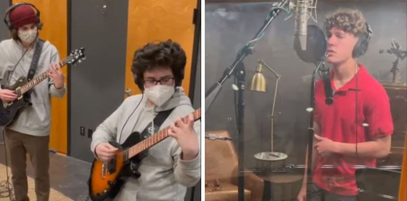 Students playing guitar and another singing in a recording studio