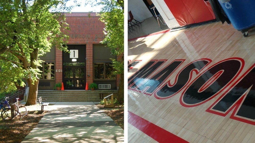 Exterior of Thomas Jefferson Elementary and the gym floor at George Mason High School