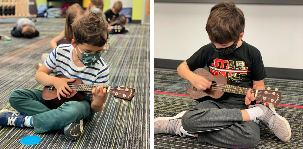 first graders playing ukuleles