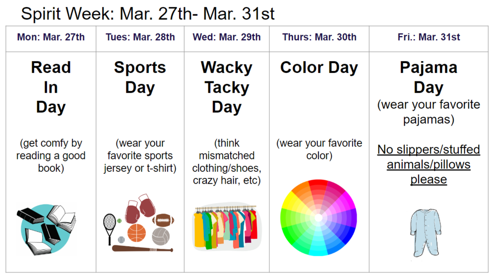 SCA Spirit Week Schedule -- March 27 - March 31