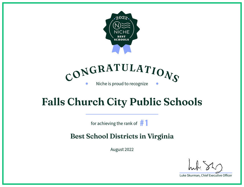 Certificate from Niche.com indicating FCCPS as #1 school district in Virginia