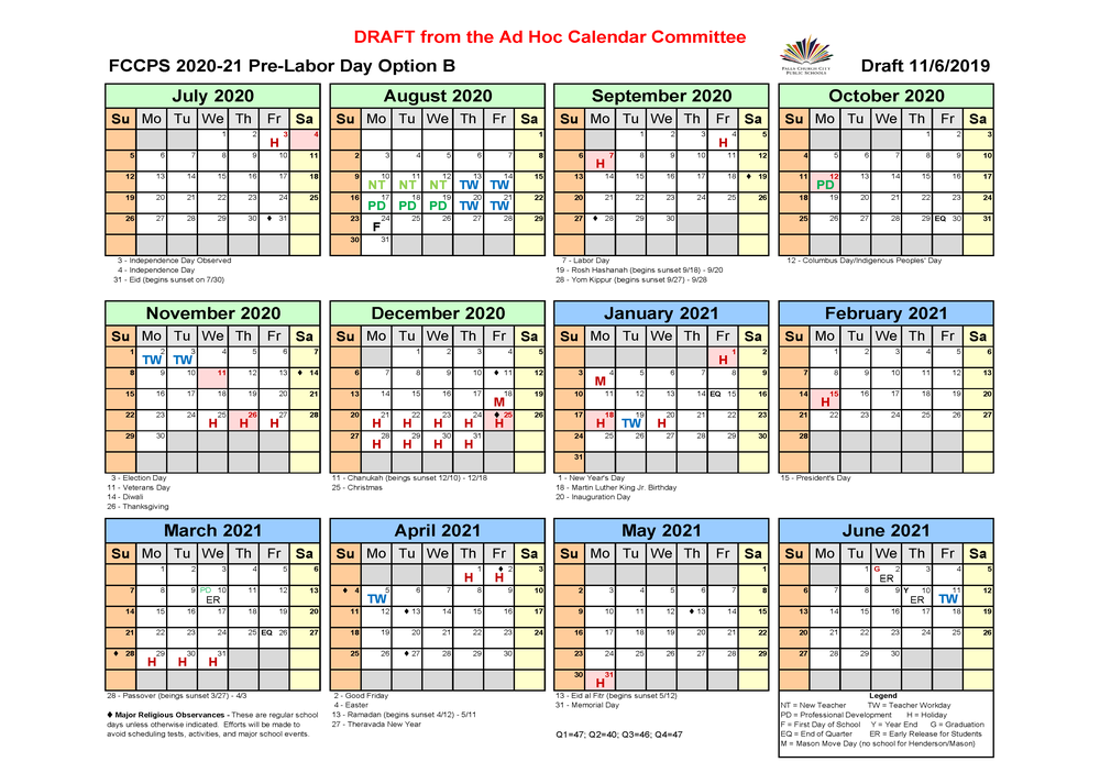 FCCPS Calendar for 2020-21