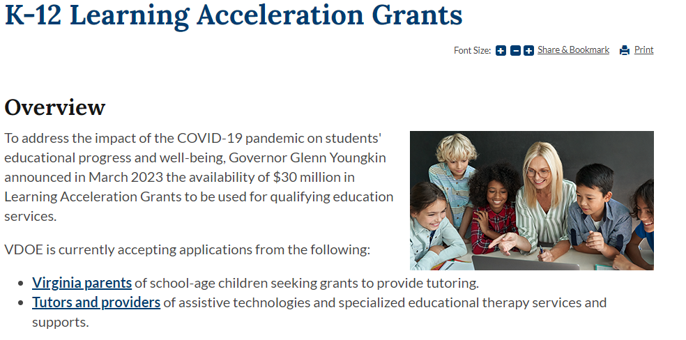 VDOE K-!2 Learning Acceleartion Grant Image