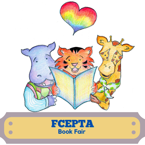 Hippo, Tiger, Giraffe reading a book - FCEPTA Book Fair logo