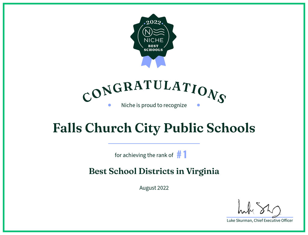 Falls Church City Public Schools earns Niche.com#1 ranking for best school division in Virginia.