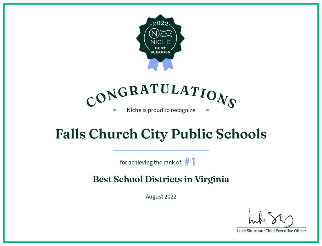 Falls Church City Public Schools earns Niche.com#1 ranking for best school division in Virginia.