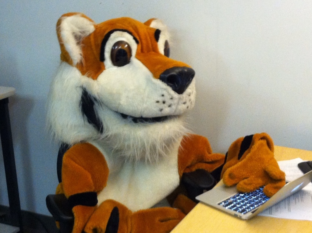 Tiger mascot sitting at a desk with an opened computer