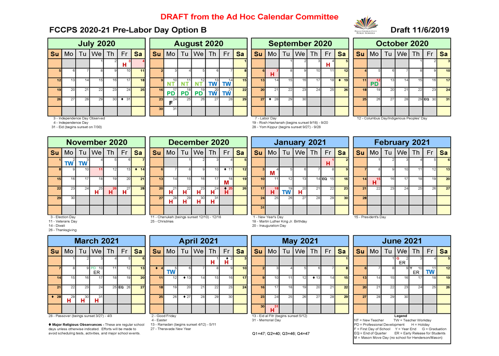 FCCPS 2020-21 School Calendar